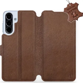 Pouzdro na mobilní telefon Kožené flip pouzdro Mobiwear - Samsung Galaxy A56 5G - Hnědé (Kožené knížkové pouzdro, obal, kryt na mobil Samsung Galaxy A56 5G, Hnědé, materiál Genuine Leather, ochrana 360°, stojánek, silikonová vanička, magnetické zavírání)
