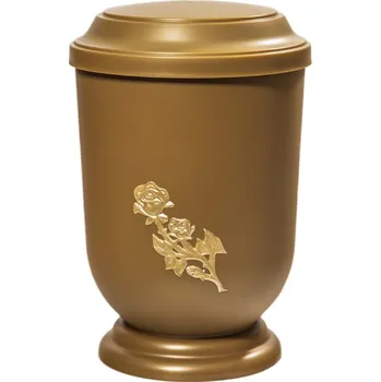 Smuteční dekorace Pohřební Plastová urna na popel, oválné prohlé víčko, zlatá, bez štítku, zlatá růže