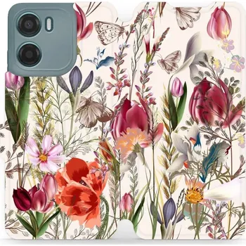 Pouzdro na mobilní telefon Flipové pouzdro Mobiwear - Motorola Moto E15 - MP01S Rozkvetlá louka (Knížkové flip pouzdro, obal, kryt na mobil Motorola Moto E15 - MP01S Rozkvetlá louka, materiál Umělá kůže + TPU - ochrana 360°, stojánek, silikonová vanička, magnetické zavírání)