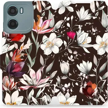 Pouzdro na mobilní telefon Flipové pouzdro Mobiwear - Motorola Moto G05 - VP72S Květy na hnědé (Knížkové flip pouzdro, obal, kryt na mobil Motorola Moto G05 - VP72S Květy na hnědé, materiál Umělá kůže + TPU - ochrana 360°, stojánek, silikonová vanička, magnetické zavírání)