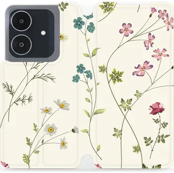 Pouzdro na mobilní telefon Flipové pouzdro Mobiwear - Realme Note 60 - MD03S Tenké rostlinky s květy (Knížkové flip pouzdro, obal, kryt na mobil Realme Note 60 - MD03S Tenké rostlinky s květy, materiál Umělá kůže + TPU - ochrana 360°, stojánek, silikonová vanička, magnetické zavírá