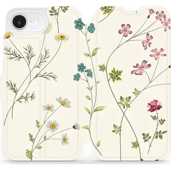 Pouzdro na mobilní telefon Flipové pouzdro Mobiwear - Apple iPhone 16e - MD03S Tenké rostlinky s květy (Knížkové flip pouzdro, obal, kryt na mobil Apple iPhone 16e - MD03S Tenké rostlinky s květy, materiál Umělá kůže + TPU - ochrana 360°, stojánek, silikonová vanička, magnetické)