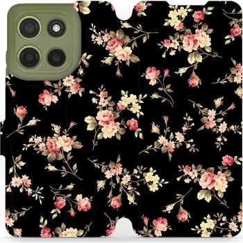 Pouzdro na mobilní telefon Flipové pouzdro Mobiwear - Motorola Moto G15 - VD02S Květy na černé (Knížkové flip pouzdro, obal, kryt na mobil Motorola Moto G15 - VD02S Květy na černé, materiál Umělá kůže + TPU - ochrana 360°, stojánek, silikonová vanička, magnetické zavírání)