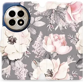 Pouzdro na mobilní telefon Flipové pouzdro Mobiwear - OnePlus 13 - MX06S Květy na šedém pozadí (Knížkové flip pouzdro, obal, kryt na mobil OnePlus 13 - MX06S Květy na šedém pozadí, materiál Umělá kůže + TPU - ochrana 360°, stojánek, silikonová vanička, magnetické zavírání)