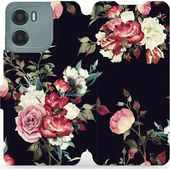 Pouzdro na mobilní telefon Flipové pouzdro Mobiwear - Motorola Moto E15 - VD11P Růže na černé (Knížkové flip pouzdro, obal, kryt na mobil Motorola Moto E15 - VD11P Růže na černé, materiál Umělá kůže + TPU - ochrana 360°, stojánek, silikonová vanička, magnetické zavírání)