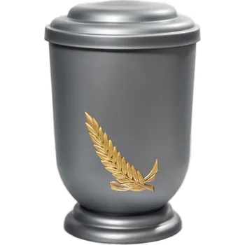 Smuteční dekorace Pohřební Plastová urna na popel, oválné oblé víčko, stříbrná, bez štítku, zlatá snítka