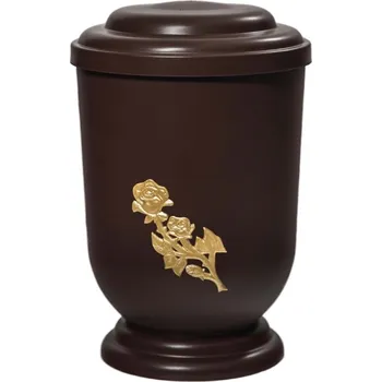 Smuteční dekorace Pohřební Plastová urna na popel, oválné oblé víčko, hnědá, bez štítku, zlatá růže