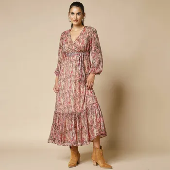 Dámské šaty Dlouhé šaty s překříženým výstřihem, voál s potiskem khaki/bordó 36