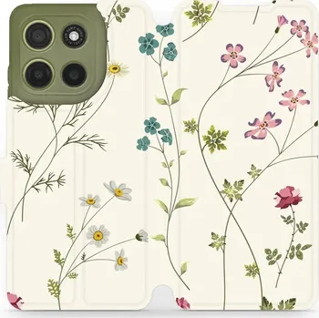 Pouzdro na mobilní telefon Flipové pouzdro Mobiwear - Motorola Moto G15 - MD03S Tenké rostlinky s květy (Knížkové flip pouzdro, obal, kryt na mobil Motorola Moto G15 - MD03S Tenké rostlinky s květy, materiál Umělá kůže + TPU - ochrana 360°, stojánek, silikonová vanička, magnetické)