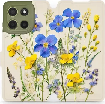 Pouzdro na mobilní telefon Flipové pouzdro Mobiwear - Motorola Moto G15 - VP41S Modré a žluté kvítky (Knížkové flip pouzdro, obal, kryt na mobil Motorola Moto G15 - VP41S Modré a žluté kvítky, materiál Umělá kůže + TPU - ochrana 360°, stojánek, silikonová vanička, magnetické zavírá