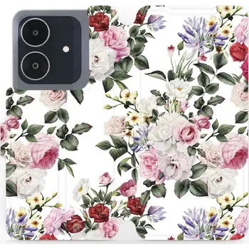 Pouzdro na mobilní telefon Flipové pouzdro Mobiwear - Realme Note 60 - MD01S Růže na bílé (Knížkové flip pouzdro, obal, kryt na mobil Realme Note 60 - MD01S Růže na bílé, materiál Umělá kůže + TPU - ochrana 360°, stojánek, silikonová vanička, magnetické zavírání)