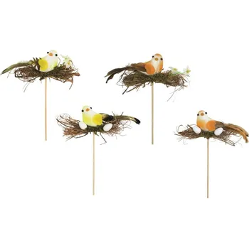 Velikonoční dekorace Zápich PTÁČEK s hnízdem 13cm, dřevo, dek.