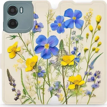 Pouzdro na mobilní telefon Flipové pouzdro Mobiwear - Motorola Moto E15 - VP41S Modré a žluté kvítky (Knížkové flip pouzdro, obal, kryt na mobil Motorola Moto E15 - VP41S Modré a žluté kvítky, materiál Umělá kůže + TPU - ochrana 360°, stojánek, silikonová vanička, magnetické zavírá