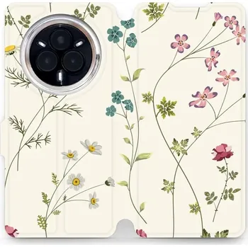 Pouzdro na mobilní telefon Flipové pouzdro Mobiwear - Realme 14 Pro Plus 5G - MD03S Tenké rostlinky s květy (Knížkové flip pouzdro, obal, kryt na mobil Realme 14 Pro Plus 5G - MD03S Tenké rostlinky s květy, materiál Umělá kůže + TPU - ochrana 360°, stojánek, silikonová vanička,)