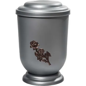 Smuteční dekorace Pohřební Plastová urna na popel, oválné oblé víčko, stříbrná, bez štítku, hnědá růže