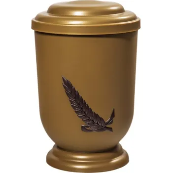 Smuteční dekorace Pohřební Plastová urna na popel, oválné oblé víčko, zlatá, bez štítku, hnědá snítka