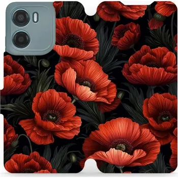 Pouzdro na mobilní telefon Flipové pouzdro Mobiwear - Motorola Moto G05 - VP45S Temné červené květy (Knížkové flip pouzdro, obal, kryt na mobil Motorola Moto G05 - VP45S Temné červené květy, materiál Umělá kůže + TPU - ochrana 360°, stojánek, silikonová vanička, magnetické zavírání