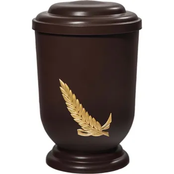 Smuteční dekorace Pohřební Plastová urna na popel, oválné oblé víčko, hnědá, bez štítku, zlatá snítka