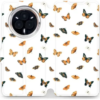 Pouzdro na mobilní telefon Flipové pouzdro Mobiwear - Realme 14 Pro 5G - VP77S Oranžoví motýlci (Knížkové flip pouzdro, obal, kryt na mobil Realme 14 Pro 5G - VP77S Oranžoví motýlci, materiál Umělá kůže + TPU - ochrana 360°, stojánek, silikonová vanička, magnetické zavírání)