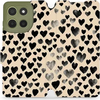 Pouzdro na mobilní telefon Flipové pouzdro Mobiwear - Motorola Moto G15 - VA51S Černá srdíčka (Knížkové flip pouzdro, obal, kryt na mobil Motorola Moto G15 - VA51S Černá srdíčka, materiál Umělá kůže + TPU - ochrana 360°, stojánek, silikonová vanička, magnetické zavírání)