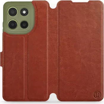 Pouzdro na mobilní telefon Flipové pouzdro Mobiwear - Motorola Moto G15 - Hnědé a šedé (Knížkové flip pouzdro, obal, kryt na mobil Motorola Moto G15 - Hnědé a šedé, materiál Umělá kůže + TPU - ochrana 360°, stojánek, silikonová vanička, magnetické zavírání)