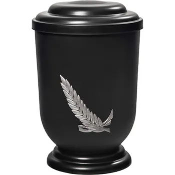Smuteční dekorace Pohřební Plastová urna na popel, oválné oblé víčko, černá, bez štítku, stříbrná snítka