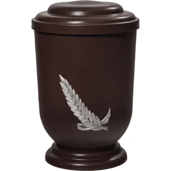 Smuteční dekorace Pohřební Plastová urna na popel, oválné oblé víčko, hnědá, bez štítku, stříbrná snítka