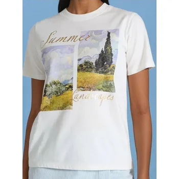 Sinsay - Tričko s krátkými rukávy a potiskem - krémová - 303DF-01X - 303DF-01X-XXS