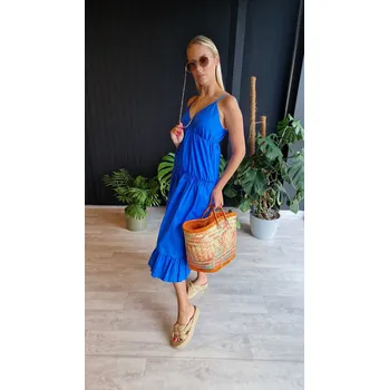 Dámské šaty Popelínové maxi šaty bez ramínek - DLR116 modré - L