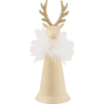 Vánoční dekorace Zlatý plechový zvonek s peříčky a hlavou jelena - Ø 7*18 cm