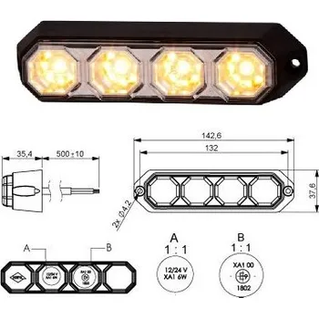 Mlhový světlomet Svítilna výstražná 12v/24v 6w/4xled oranžová, kabel 0,5m 0208103_A, , ,