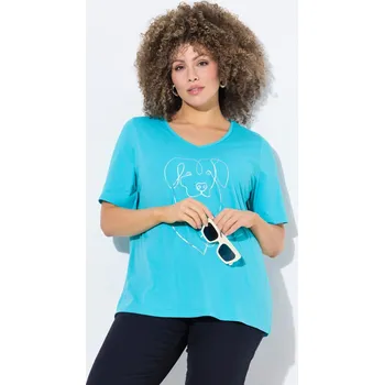 Dámské tričko Ulla Popken, Plus size Tričko, metalický motiv zvířete, výstřih do V, krátké rukávy pro plnoštíhlé nadměrná velikost, 839753740-1130, tyrkysový, 50/52, Nadměrné velikosti, Plus size oblečení, Oblečení pro boubelky, Oblečení pro baculky, Oblečení pro plnoš