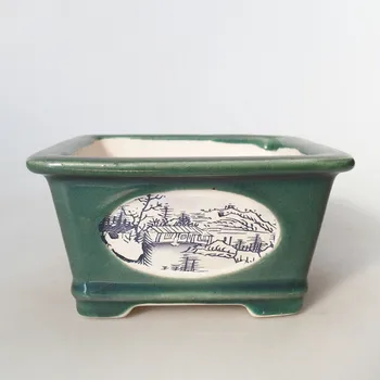 Květináč Keramická bonsai miska 13 x 13 x 7 cm zelená