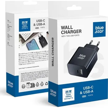 Cestovní nabíječka BLUE STAR se zásuvkami USB C+USB-A PD QC4.0 3A 25W TFB-TC-25WPD černá