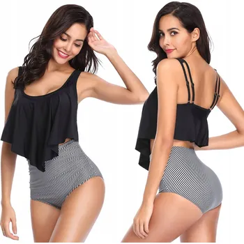 Dámské plavky ČERNÉ KOSTKOVANÉ PLAVKY S VELKÝM VOLÁNEK XL