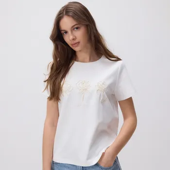 Dámské oblečení Reserved - Tričko s&nbsp;vyšívaným vzorem - krémová - WU165-01X - WU165-01X-S