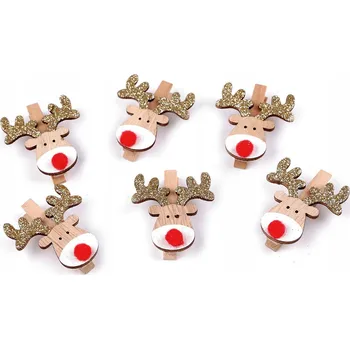 Vánoční dekorace Dřevěné spony s motivem sob 6 Ks