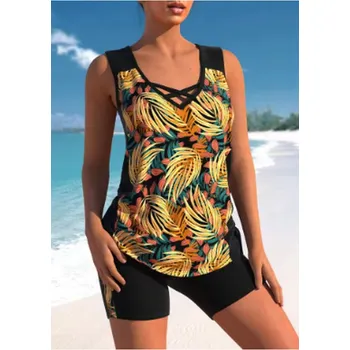 Dámské plavky Dámské dvoudílné plavky - tankiny - s květinovým potiskem (vel. S až 6XL) Barva: Žlutá, Velikost: XXXL