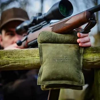 Příslušenství pro sportovní střelbu Parforce Střelecký kožený vak Parforce, přizpůsobený pro přesnější střelbu z posedu, barva zelená
