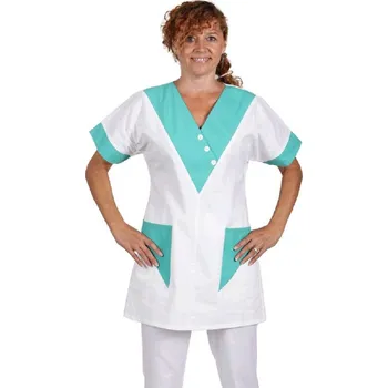 Dámská halenka Halena dámská, vz.287 "V" výstřih, přes hlavu, barva bílá+ zelená tyrkys, 140g/m2