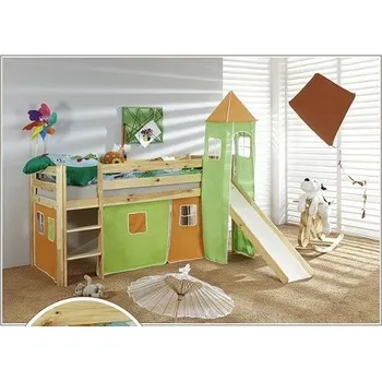 Dětská postel Dětská VYVÝŠENÁ postel se skluzavkou DOMEČEK zelenooranžový - PŘÍRODNÍ