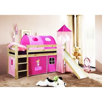 Dětská postel Dětská VYVÝŠENÁ postel se skluzavkou DOMEČEK růžový - PŘÍRODNÍ