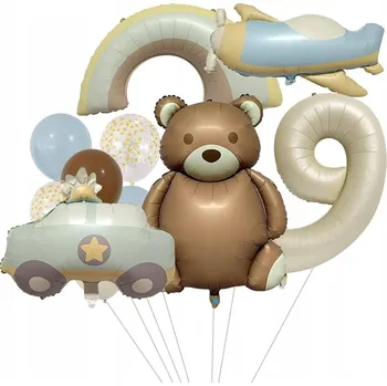 Balónek Sada balónků NAROZENINY MEDVÍDEK LETADLO AUTÍČKO pastelové RETRO číslice 8