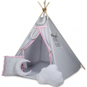 Dětský stan Stan pro děti týpí Baby Nellys + výbava - šedý s růžovými bambulkami