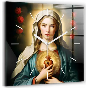 Hodiny Dekorativní nástěnné hodiny s motivem Panny Marie a růží, netikající, 30x30 cm