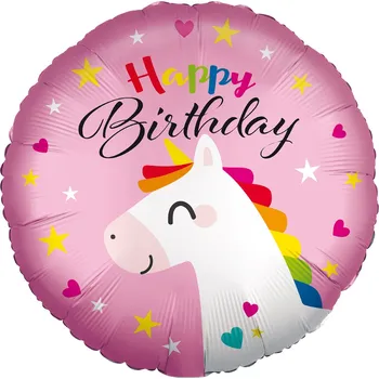 Balónek Amscan / Reithmüller Balonek fóliový Happy Birthday Jednorožec růžový saténový, 43 cm