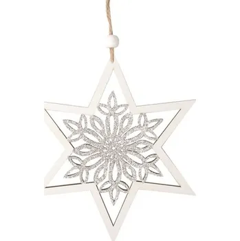 Vánoce Hvězda s vločkou dřevěná na zavěšení 15 cm, bílá