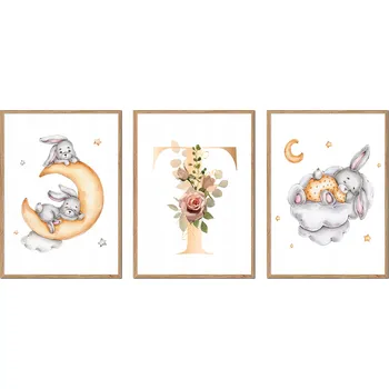 Obraz PLAKÁTY V RÁMU 3ks dětské králíčci králík obrázek PÍSMENO T P2672_A5