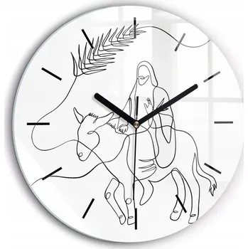 Hodiny Skleněné nástěnné hodiny tiché s potiskem Grafika Ježíš na oslu průměr 60 cm