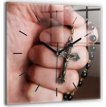 Hodiny Moderní skleněné nástěnné hodiny s potiskem Modlitba růženec 60x60